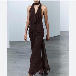 Zara Brown Draped Dress sheer Size Small